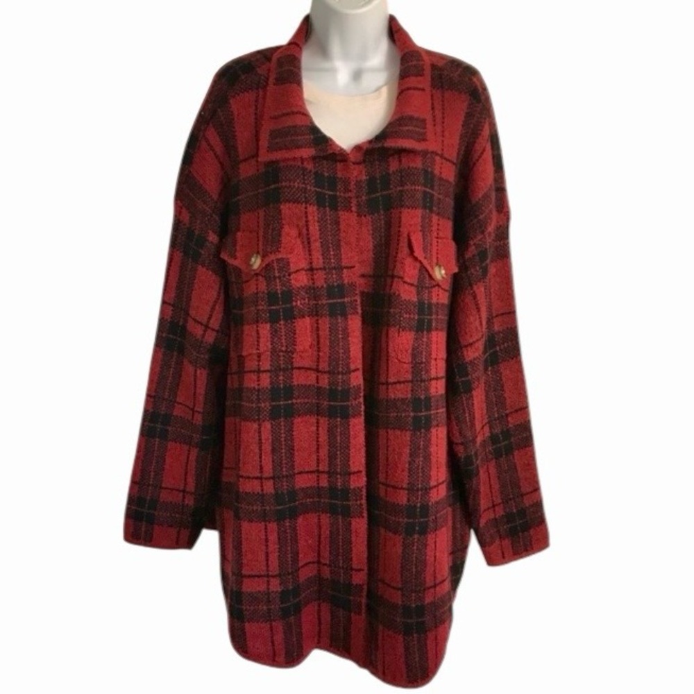 Kathy Ireland Women’s 3X Red & Black Plaid Knit Open Cardigan Jacket Shacket NWT